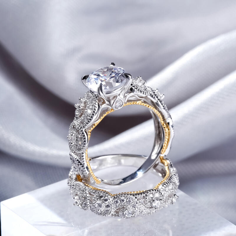 Jeulia Vintage Scrollwork Round Cut Sterling Silver Ring Set