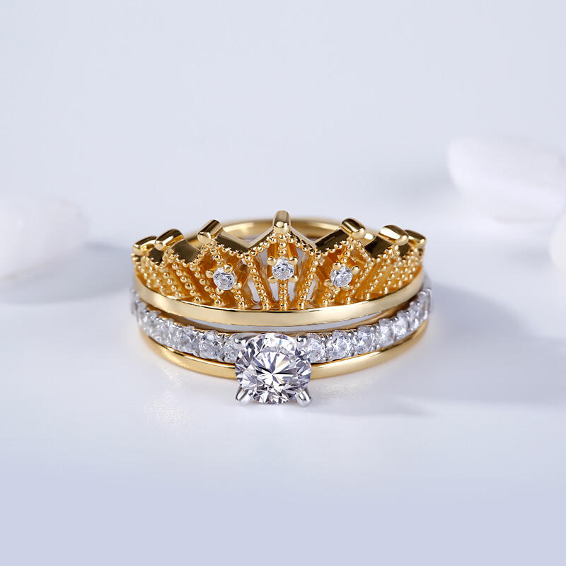 Jeulia Two Tone Crown Round Cut Sterling zilveren ringset