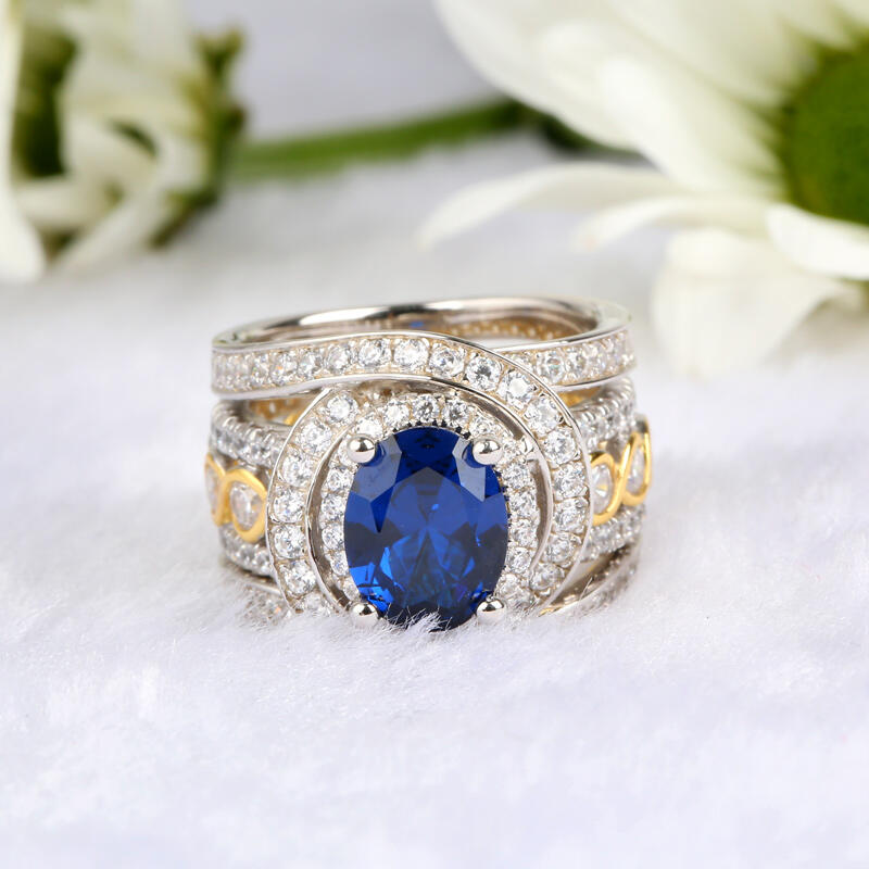 Jeulia Conjunto de anéis ovais largos cortados em prata de lei