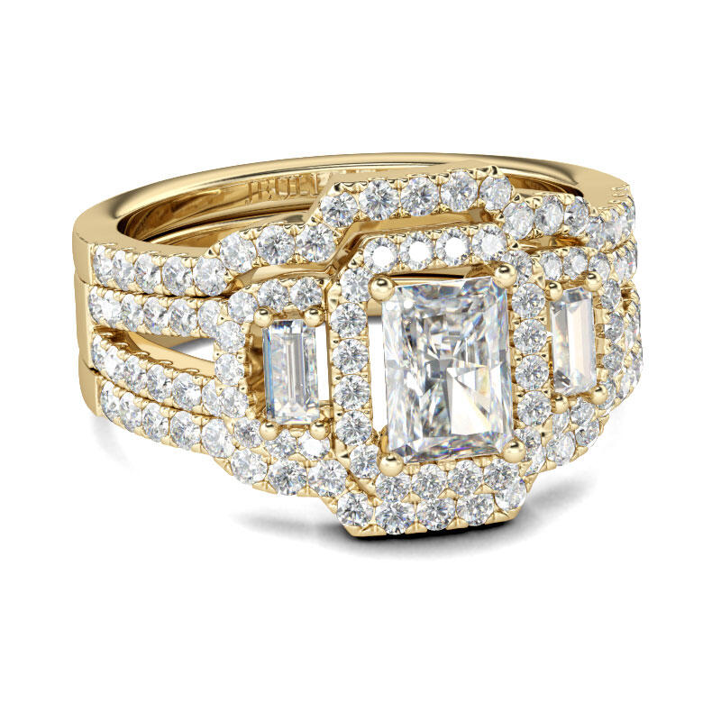 Jeulia Terno De Anillos Con Halo De Tono Dorado De Talla Radiante En Plata De Ley