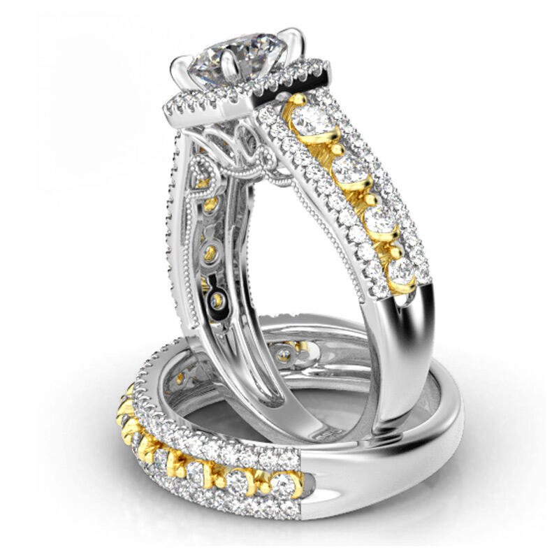 Jeulia Two Tone Halo Round Cut Sterling Silver Ring Set