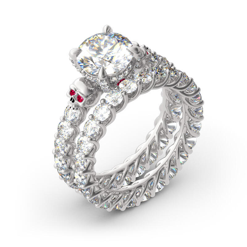 Jeulia Conjunto De Anillos De Calavera De Plata De Ley De Talla Redonda De Eternidad