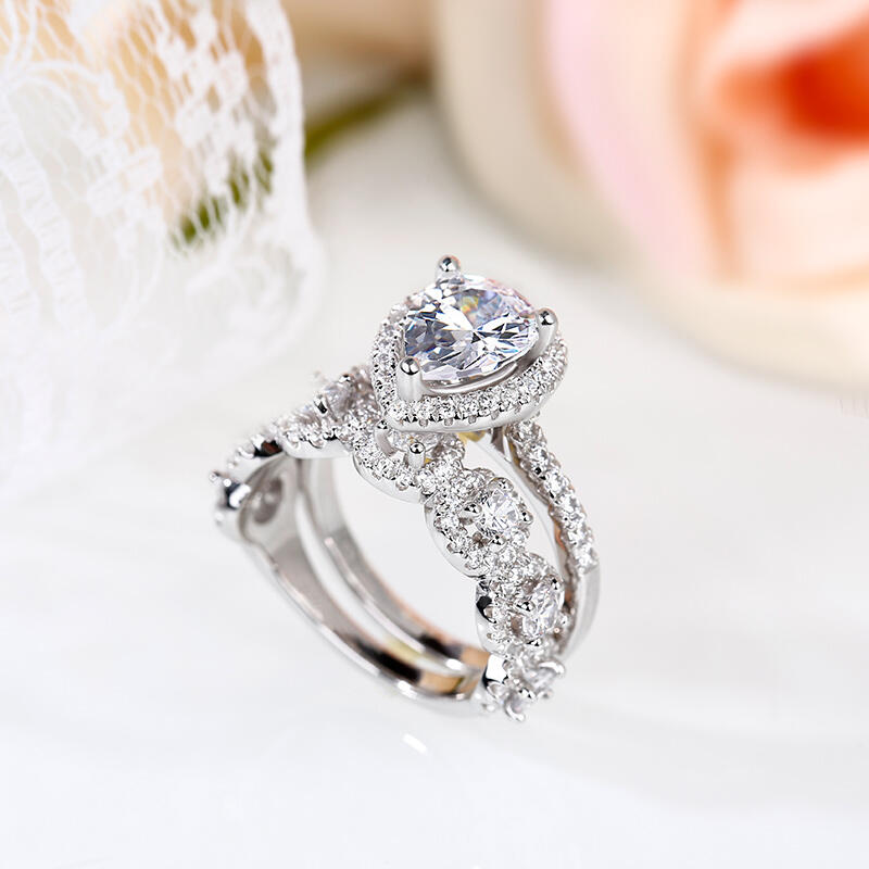 Jeulia Halo Pear Cut Sterling Silver Ring Set