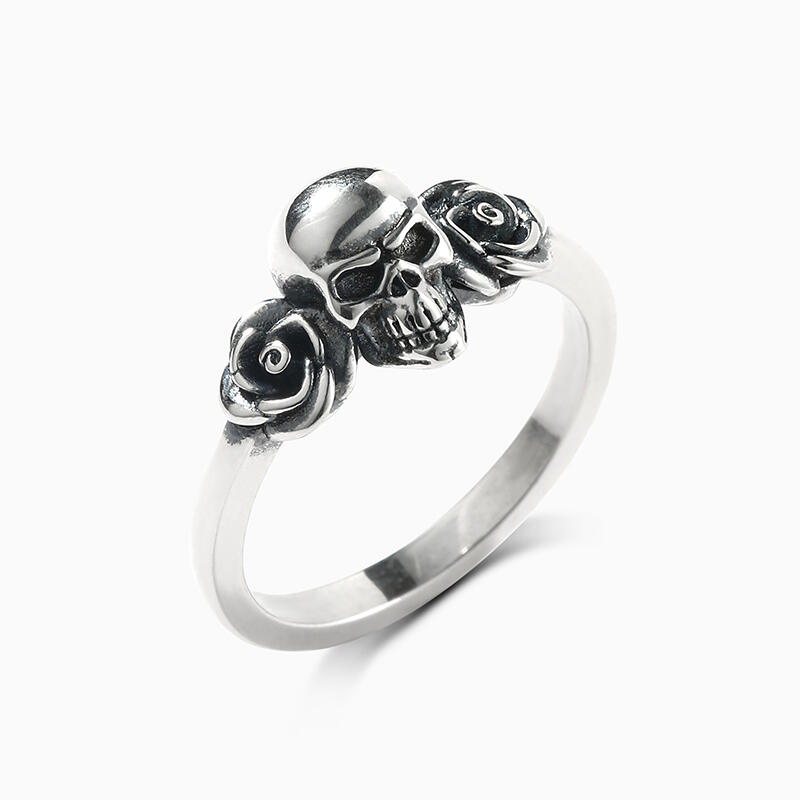 Jeulia "Skull and Roses" Sterling Silver Ring