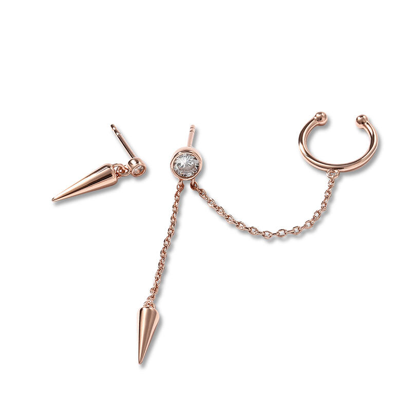 Jeulia "Asymmetric Design" Sterling Silver Ear Cuff with Chain