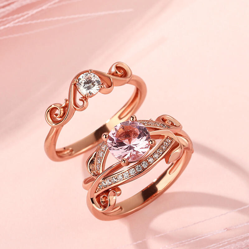 Jeulia "Art Deco" rundslipad syntetisk Morganit sterling silver ring set