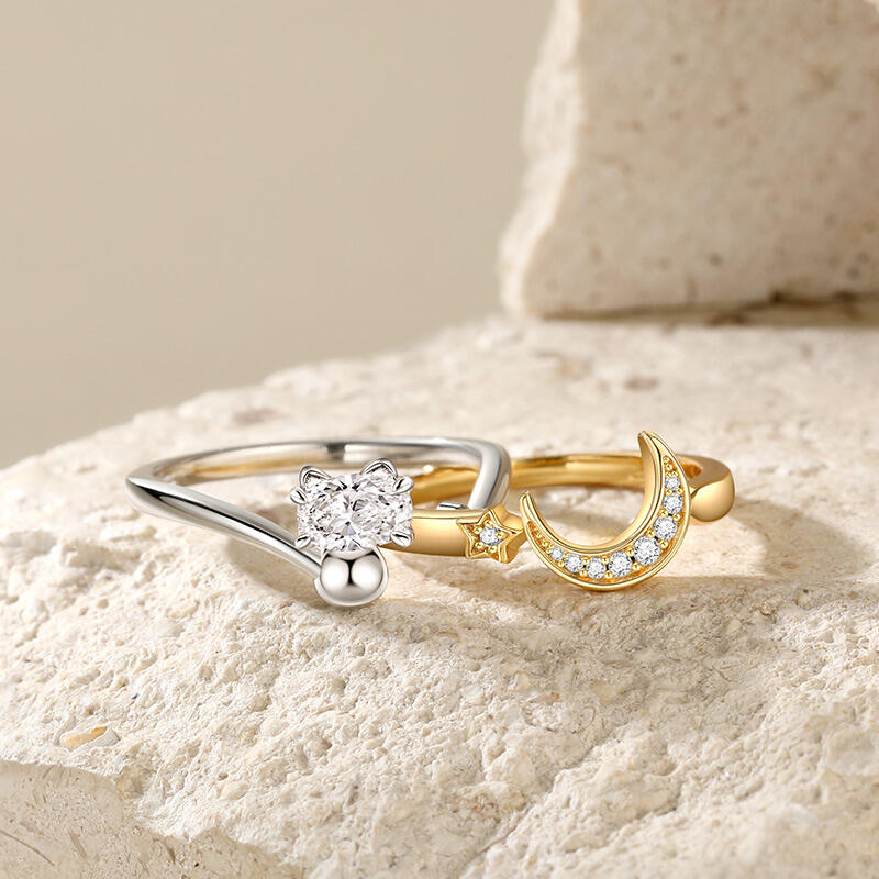 Jeulia Mån- och Stjärnring Set Justerbar Oval Cut Sterling Silver