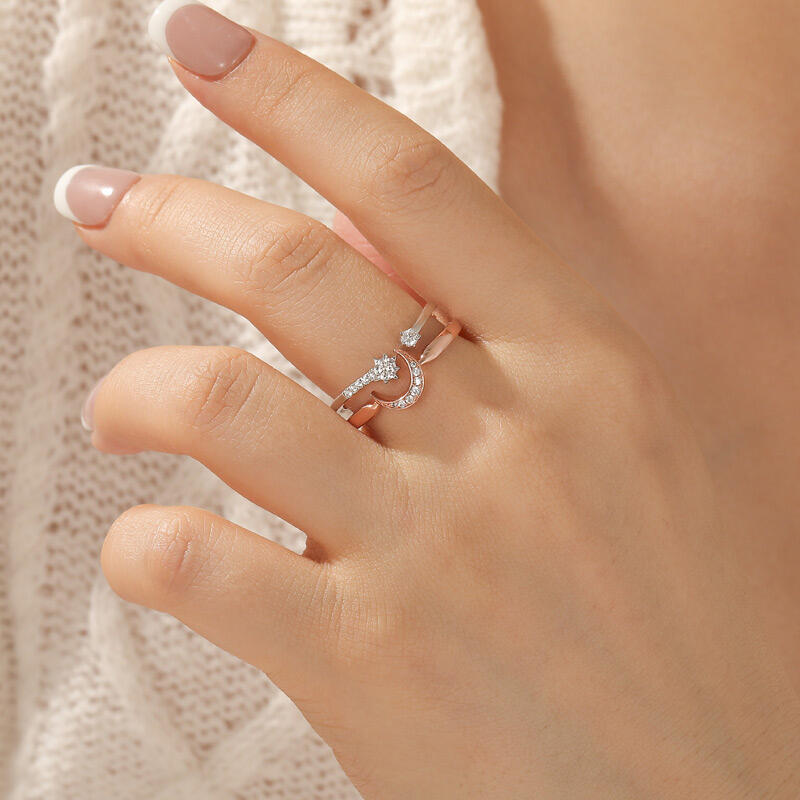Jeulia Moon and Star Two Tone Puzzle Ring Set Sterling Silver