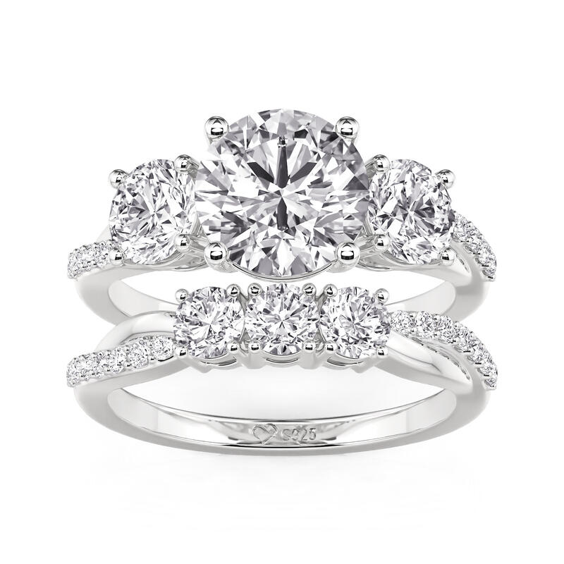 Jeulia Three Stone Round Cut Twist Ring Set Sterling Silver