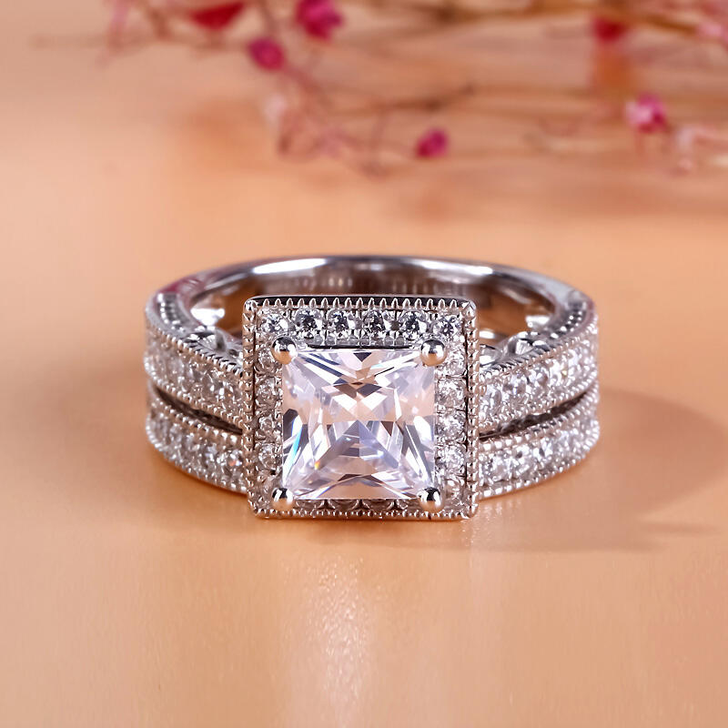 Jeulia Halo Princess Cut Sterling Silver Ring Set