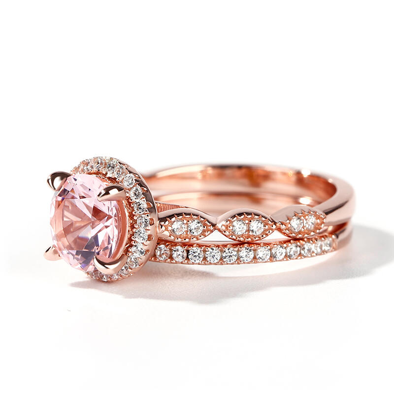 Jeulia Juego de anillos de plata esterlina de corte redondo milgrain Halo