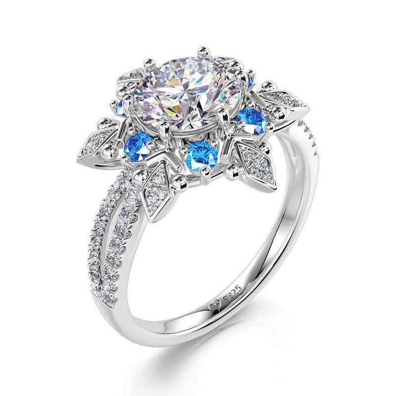 Jeulia "Shining Winter" Snowflake Round Cut Split Shank Sterling Silver Ring