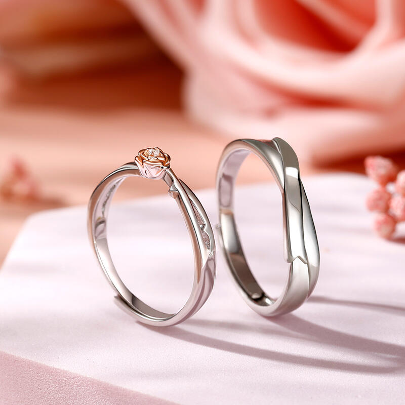 Jeulia Anillos de parejas ajustable con piedra en rosa de plata esterlina