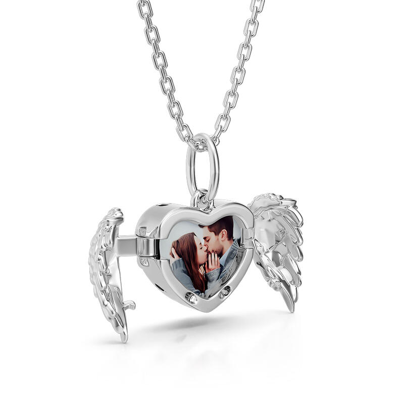 Jeulia Openable Angel Wings Heart Personalized Sterling Silver Photo Necklace
