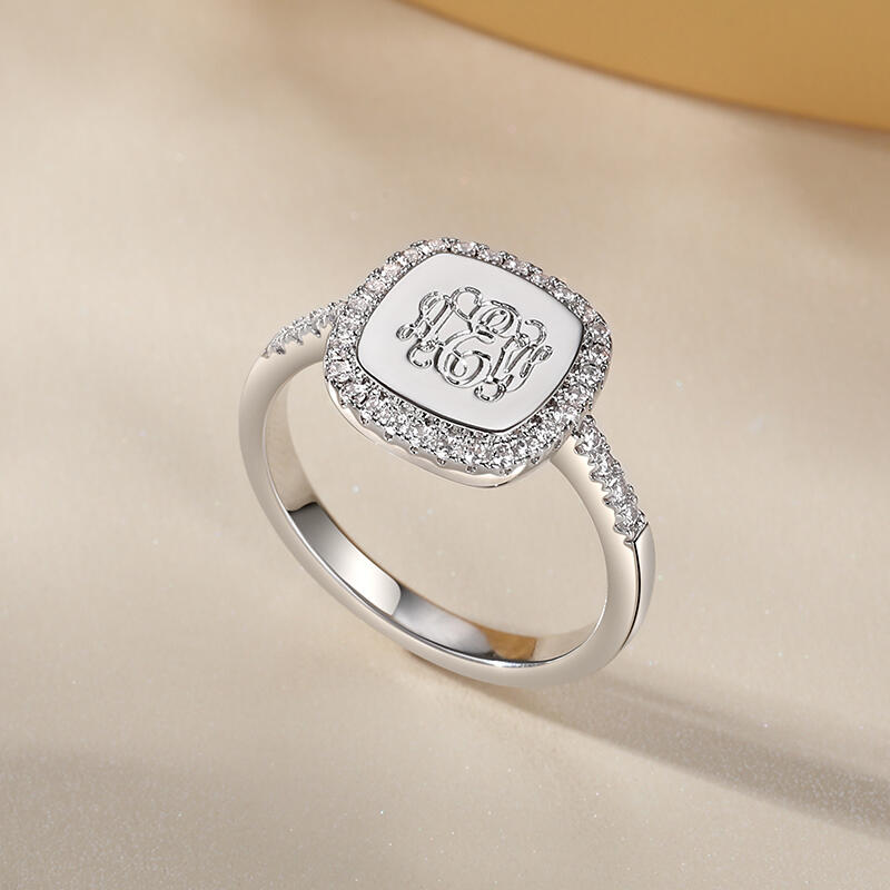 Jeulia Halo Square Monogram Personalized Sterling Silver Ring