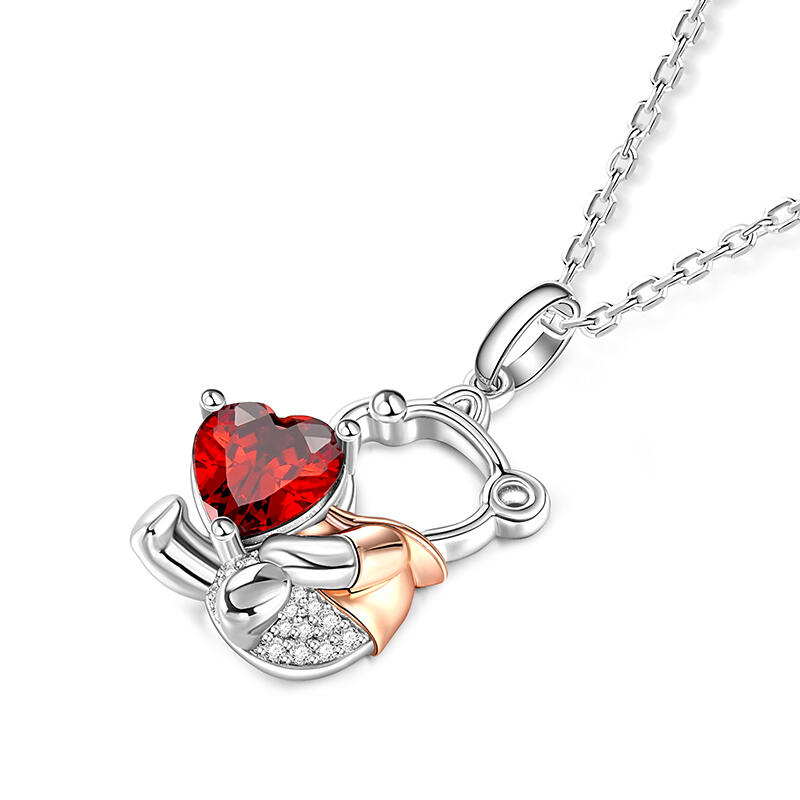 Jeulia Hug Me "Cute Bear" Heart Cut Personalized Sterling Silver Necklace with Birthstone