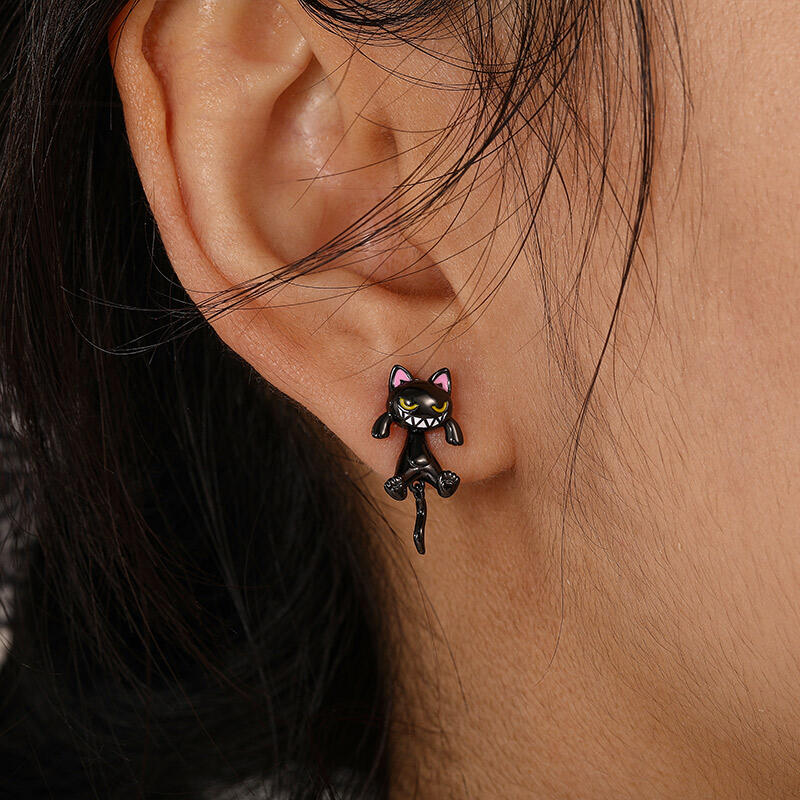 Jeulia Petland Dual Wear Enamel Black Cat Earrings
