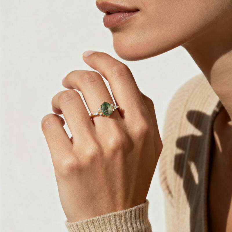 Jeulia Nature Inspired Oval Moss Agate Engagement Ring