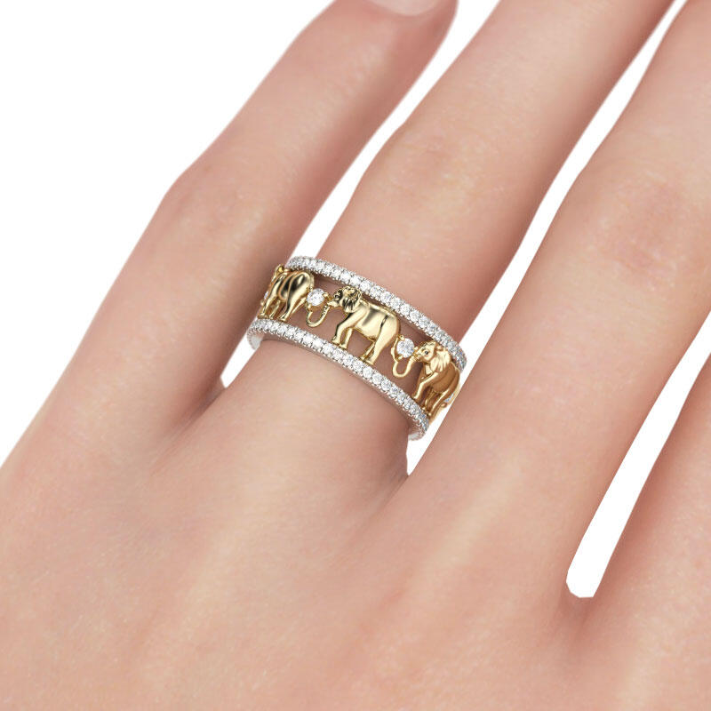 Jeulia Anillo Con Elefante De Dos Tonos De Talla De Redonda En Plata De Ley