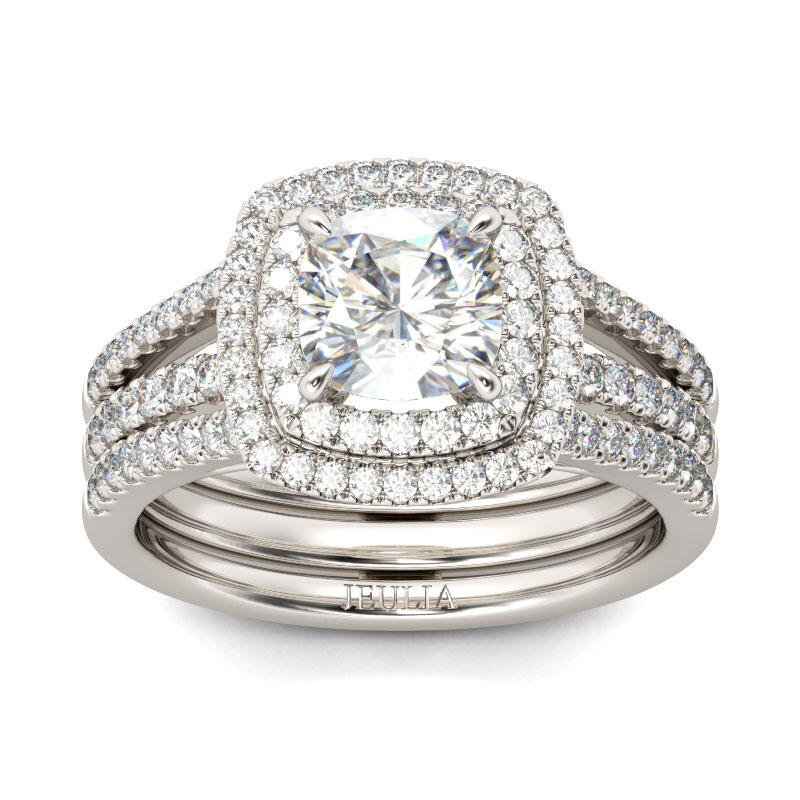 Jeulia dubbele Halo kussen gesneden sterling zilveren ringset