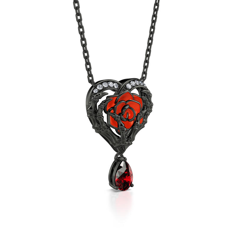 Jeulia "Never Ending Love" Skeleton Hands & Rose Sterling Silver Necklace
