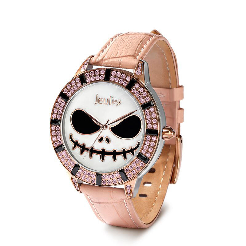 Jeulia "Magic at Midnight" Skull Design Quartz Pink Leather Watch with Mother-of-Pearl Dial