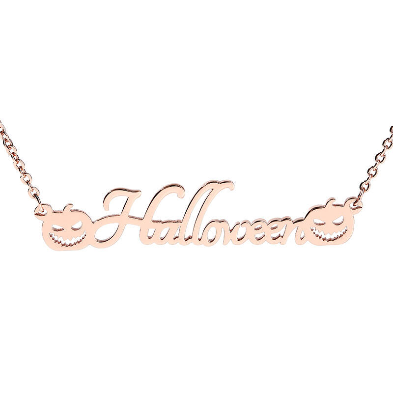 Jeulia "Evil Smiley" Pumpkin Personalized Sterling Silver Name Necklace