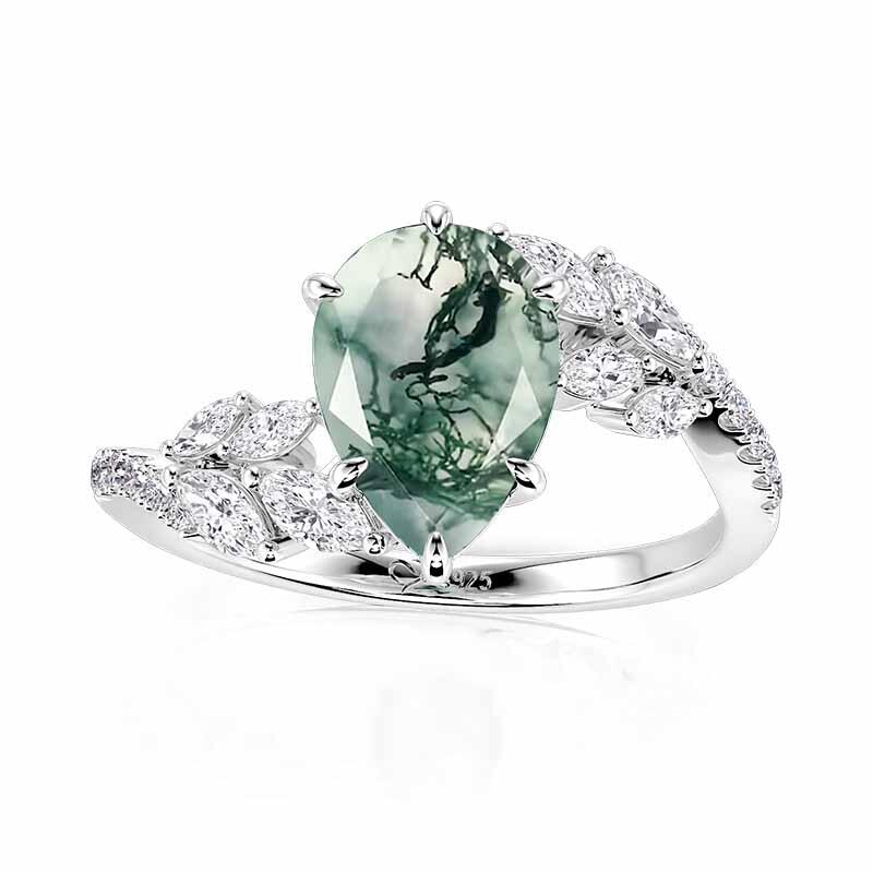 Jeulia Olivetta Bypass Moss Agate Engagement Ring Pear Cut