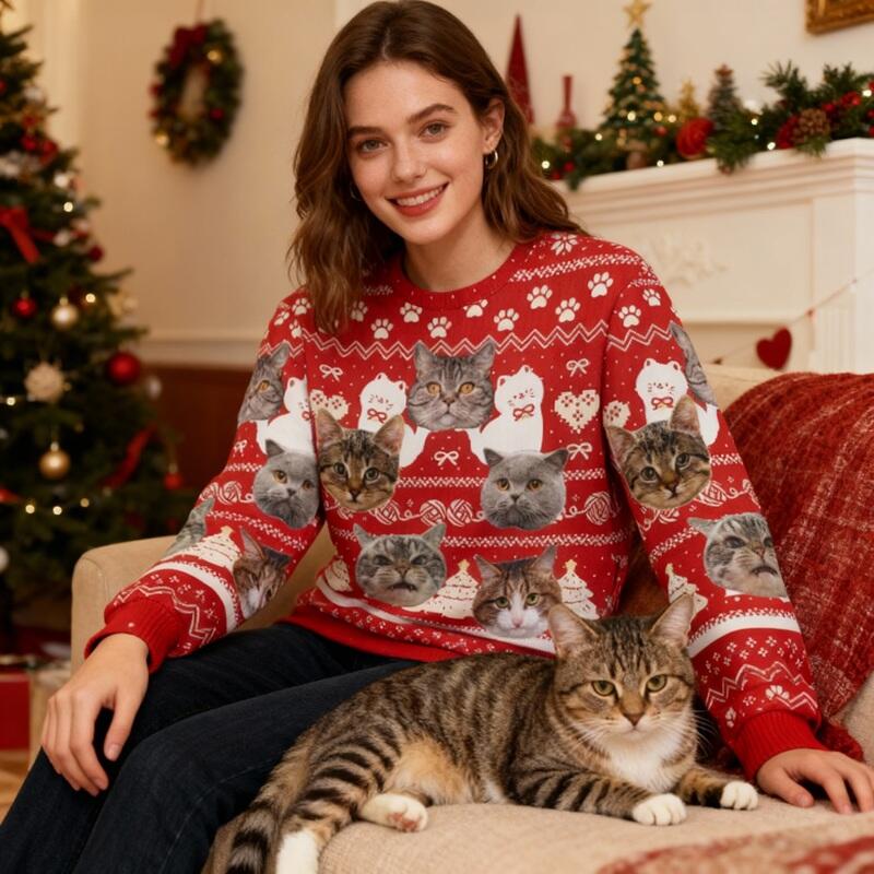 Pull moche personnalisé unisexe avec photo de tête de chat adorable cadeau de Noël pour les amoureux des animaux