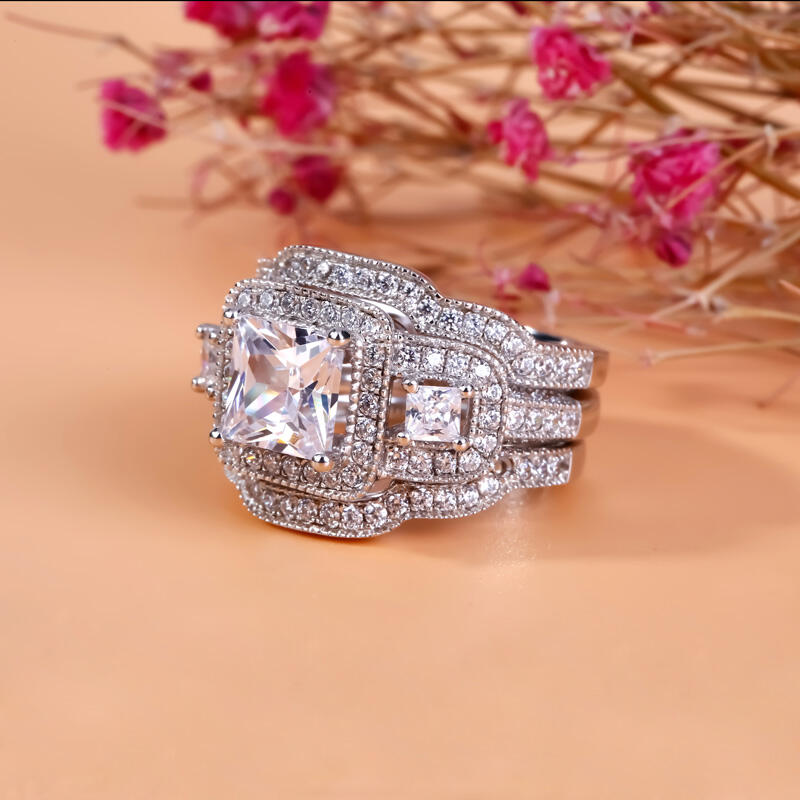 Jeulia Halo Princess Cut Sterling Silver Ring Set