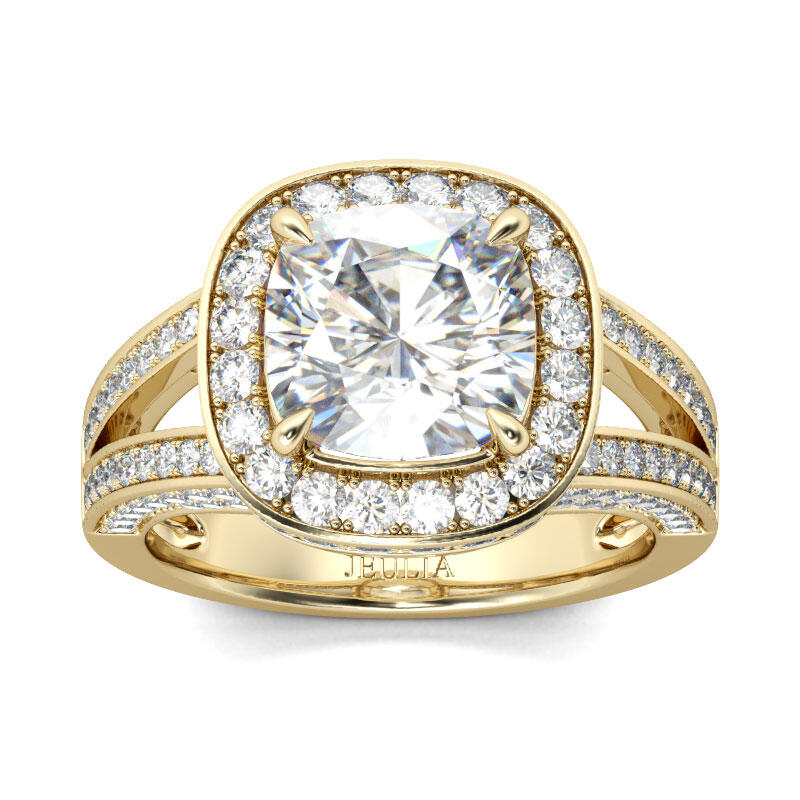 Jeulia Gold Tone Halo Cushion Cut Sterling Silver Ring