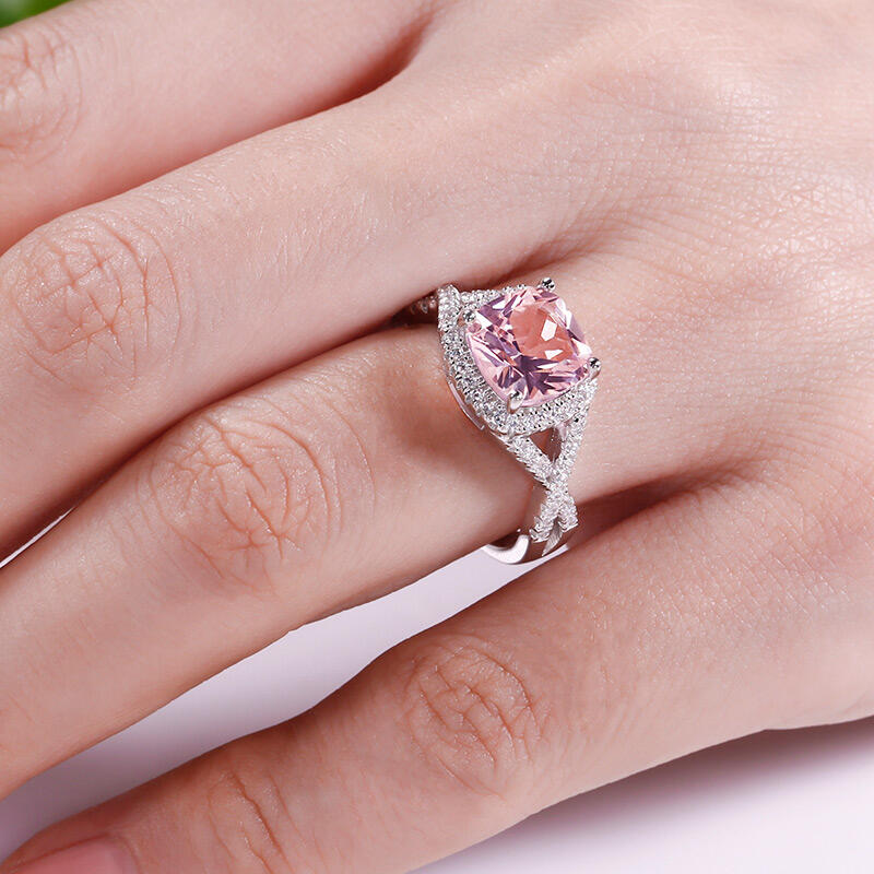Jeulia Twist Halo Cushion Cut Synthetic Morganite Sterling Silver Ring