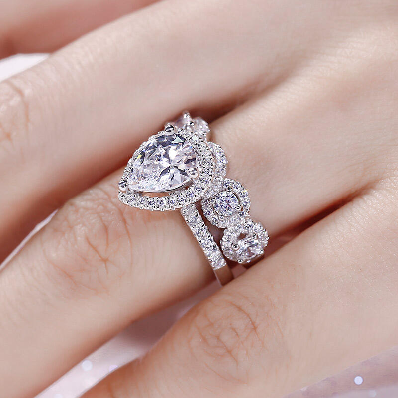 Jeulia Halo Pear Cut Sterling Silver Ring Set