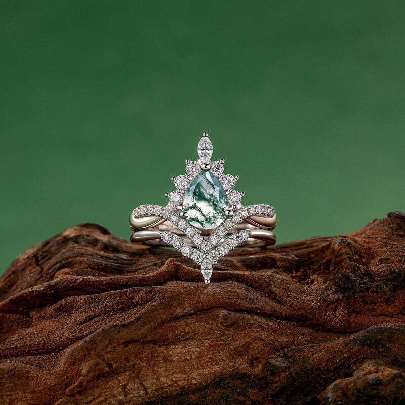 Pear Cut Moss Agate Engagement Ring Set