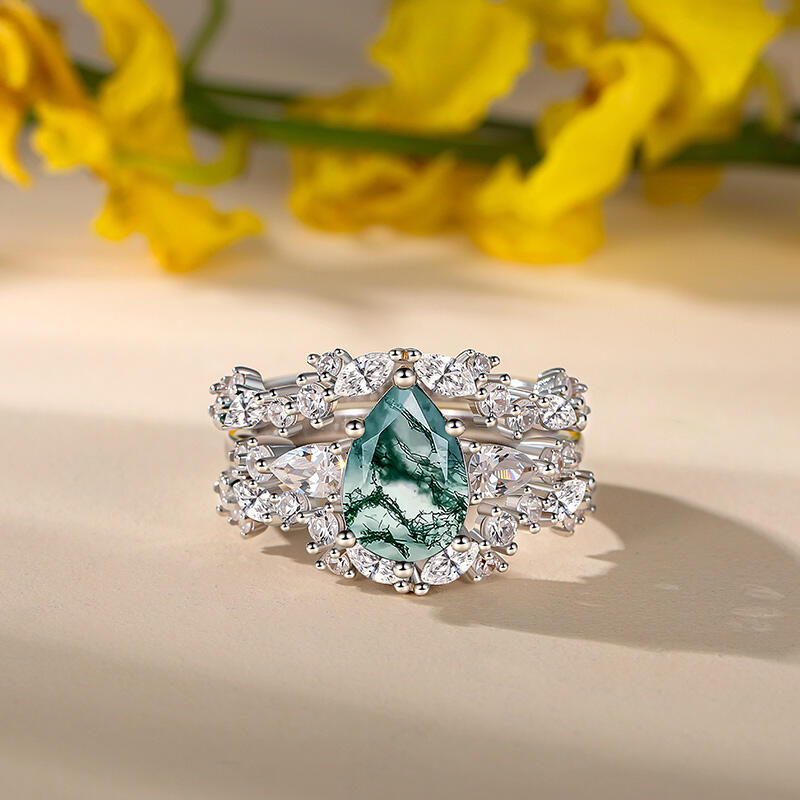 Jeulia Olivetta Pear Cut Moss Agate Ring Set
