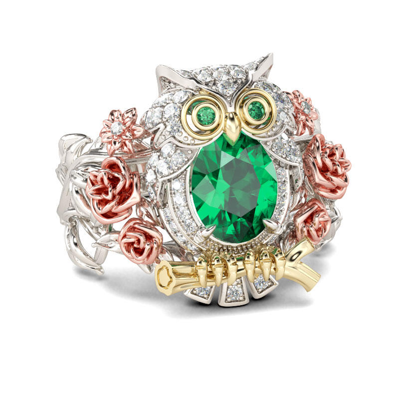 Jeulia Three Tone Oval Cut Sterling Silver Owl Ring