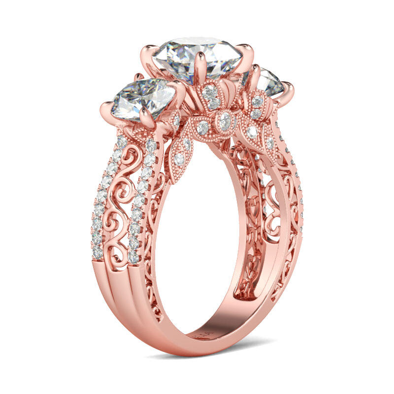 Jeulia Scrollwork Three Stone Round Cut Sterling Silver Ring