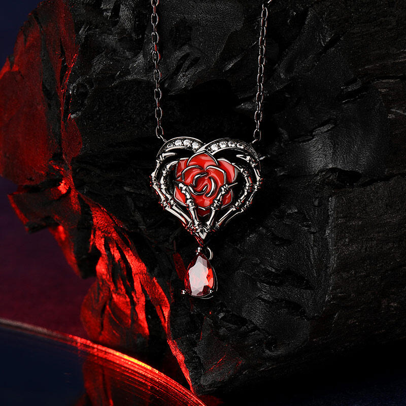 Jeulia "Never Ending Love" Skeleton Hands & Rose Sterling Silver Necklace