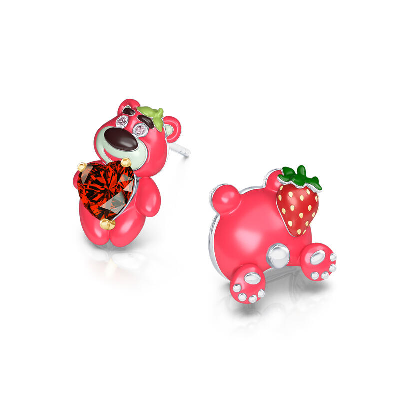 Jeulia Hug Me Lindos brincos de urso morango vermelho em prata de lei