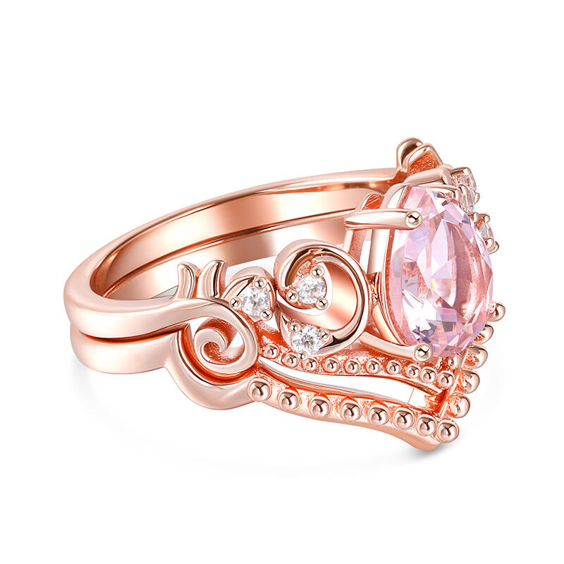 Jeulia V-shaped Pear Cut Synthetic Morganite Sterling Silver Ring Set