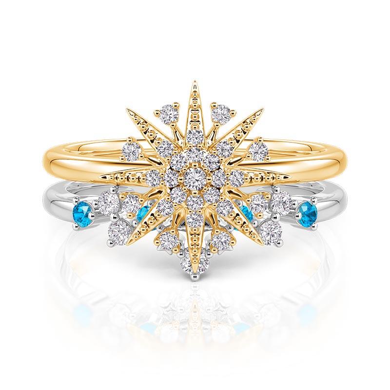 Jeulia Luna Astra Two Tone Starburst Puzzle Ring Set Sterling Silver