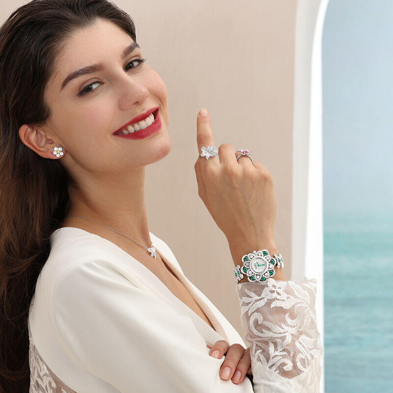 Jeulia "Extreme Brilliance" Floral Design Round Case Quartz Women's Wristwatch