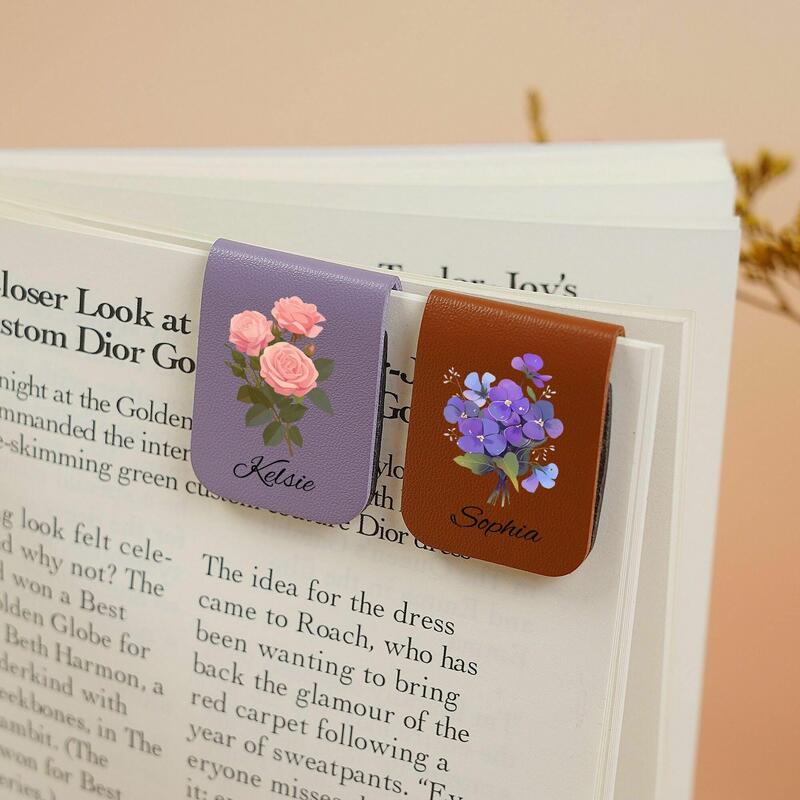 Personalized Leather Magnetic Bookmark with Birthday Flower Gifts for Readers