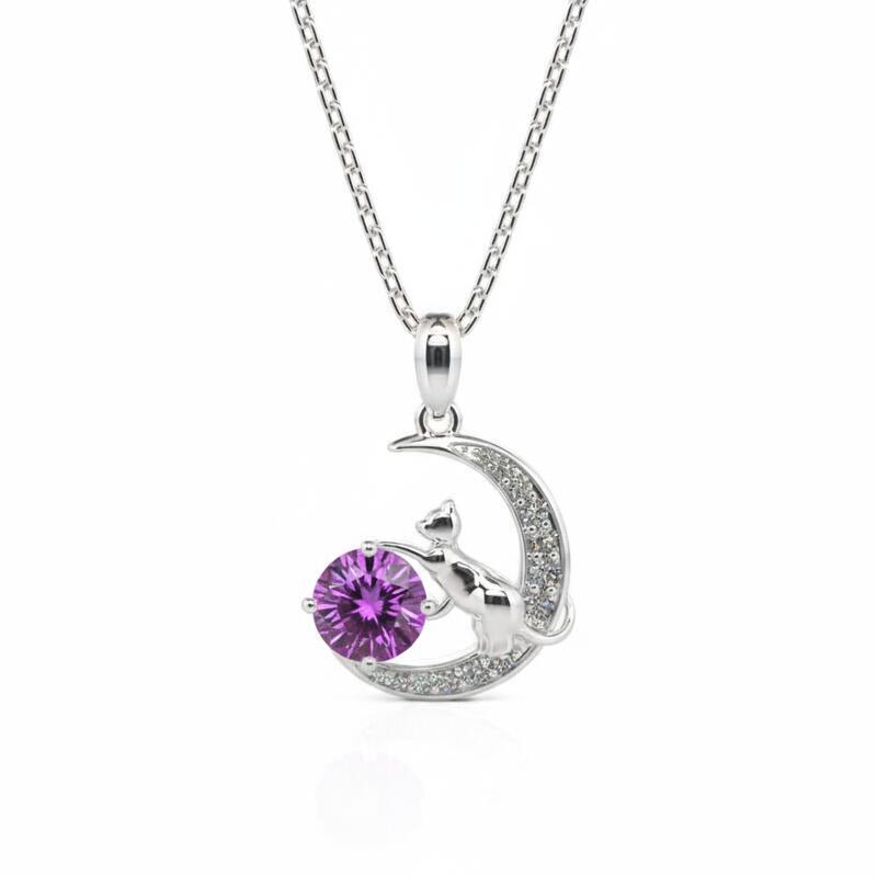 Jeulia "Cat on the Moon" Custom Birthstone Necklace Sterling Silver