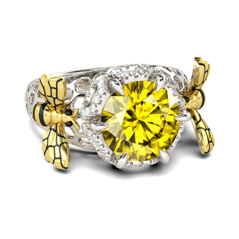 Two Tone Bee Honeycomb Round Cut Sterling Silver Ring