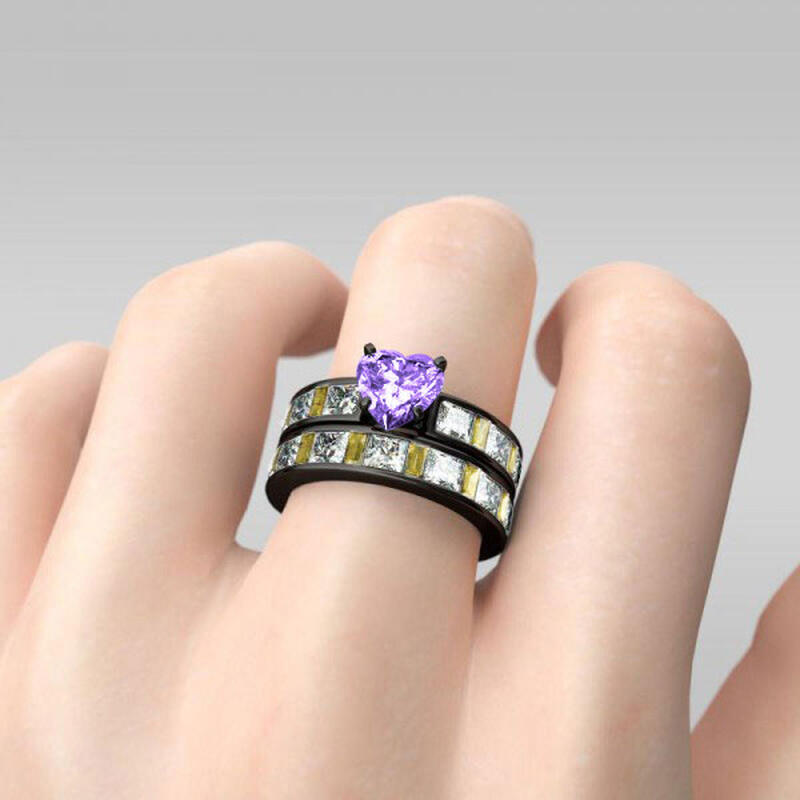 Conjunto De Anillos De Talla Cordiforme Con Tono Negro De Jeulia En Plata De Ley