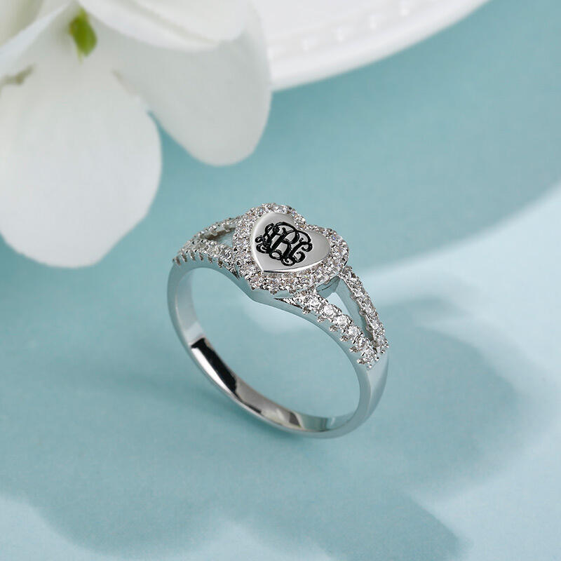 Jeulia Halo Heart Monogram Personalized Sterling Silver Ring