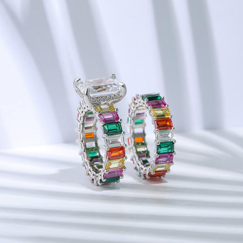 Jeulia "Blazing with Color" Radiant Cut Sterling Silver Ring Set