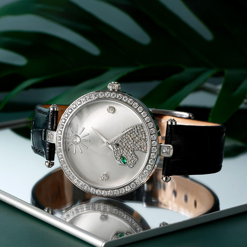 Jeulia "Wild and Free" Leopard Quartz Black Leather Watch with Silver-Tone Dial