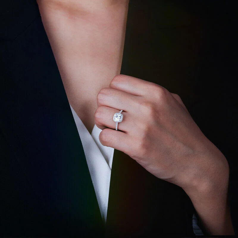 Jeulia Cushion Cut Halo Sterling Silver Engagement Ring